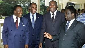(De droite vers la gauche) Henri Konan Bédié, Laurent Gbagbo, Alassane Dramane Ouattara et Robert Guei